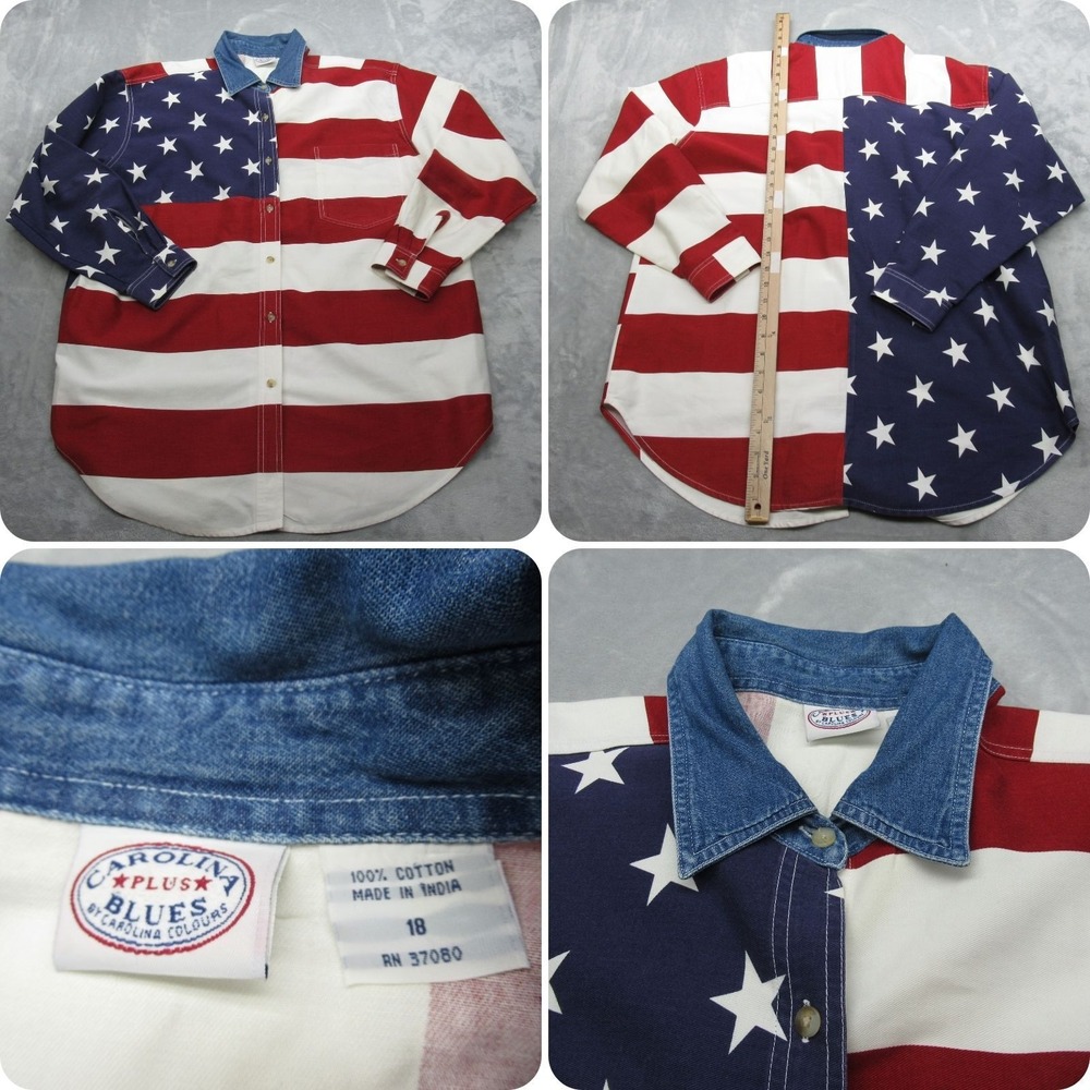 Carolina Blues Shirt Womens 18 Red White Blue USA Flag‎ Cotton Long Sleeve VTG